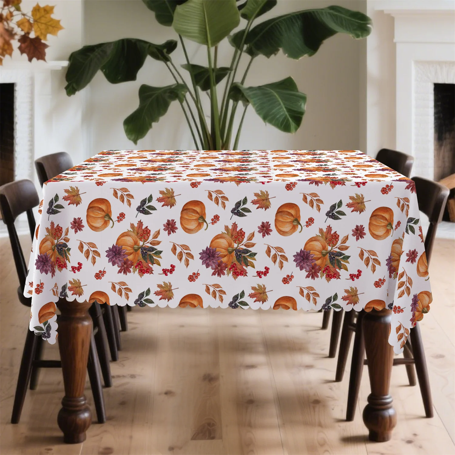 Pumpkin, Berry and Maple Leaf Autumn Tablecloth - Washable Thanksgiving Decor, Suitable for Indoor and Outdoor Kitchensxzj