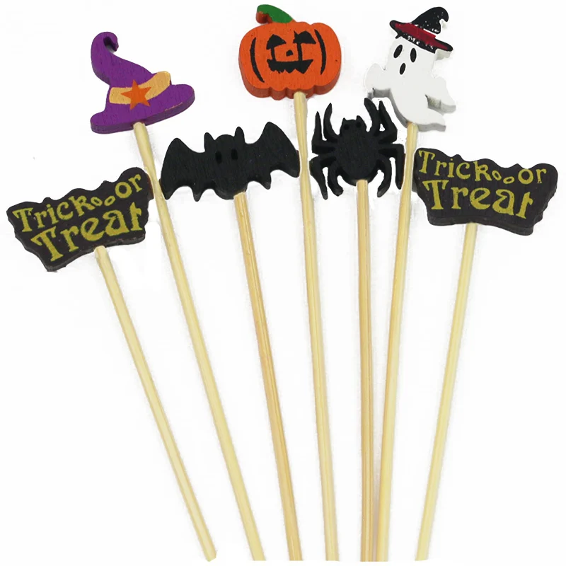 

(100 Pcs/pack) 12cm Halloween Decoration Bamboo Skewers Fruit Forks Bar Decorations Skewers Pumpkin Bats Magic Hats Toothpicks