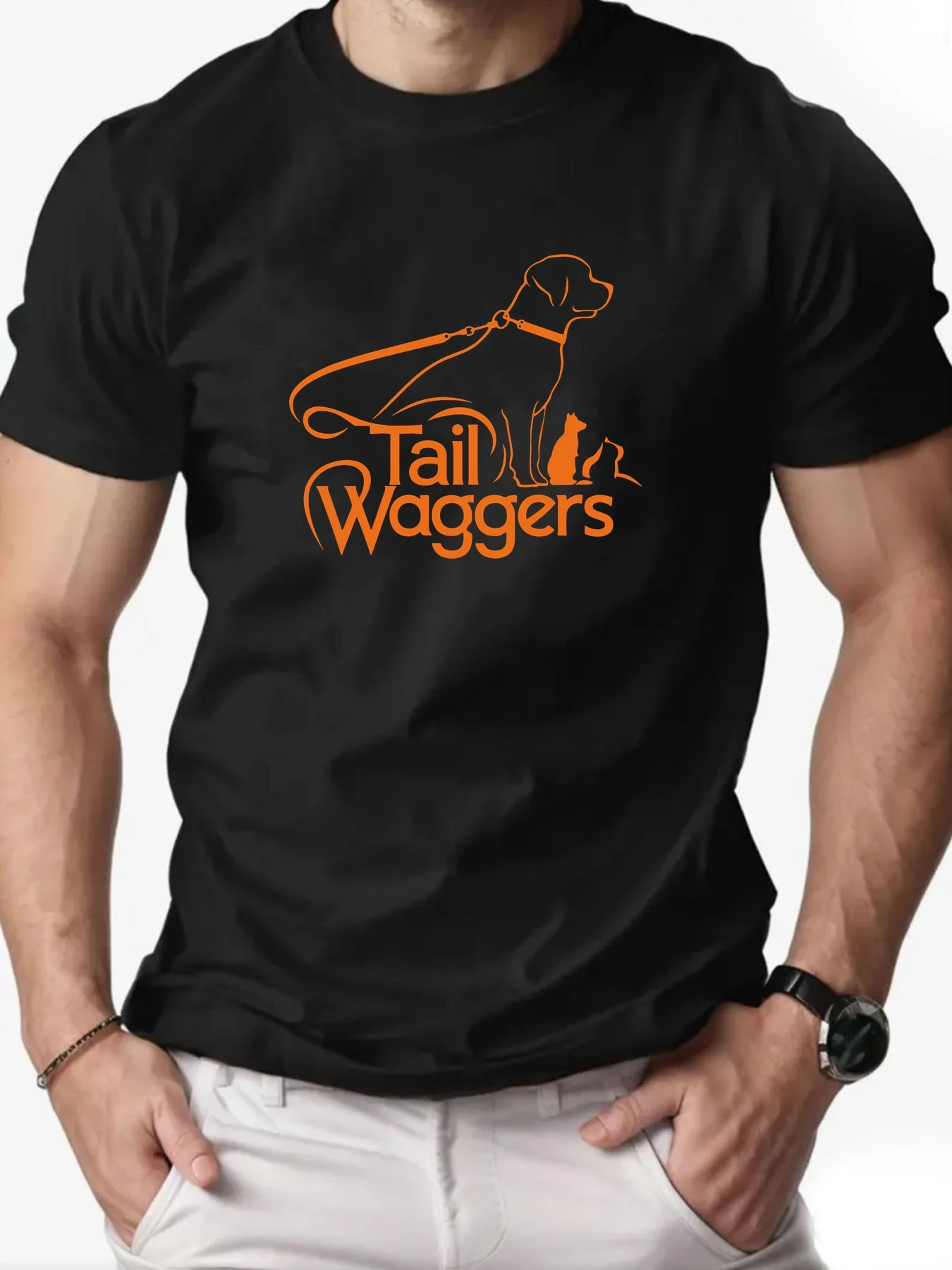 

Men T-shirt 100%Cotton Tail Waggers Dog Cat Print Funny Summer Round Neck Breathable Streetwear Tee High quality Clothing
