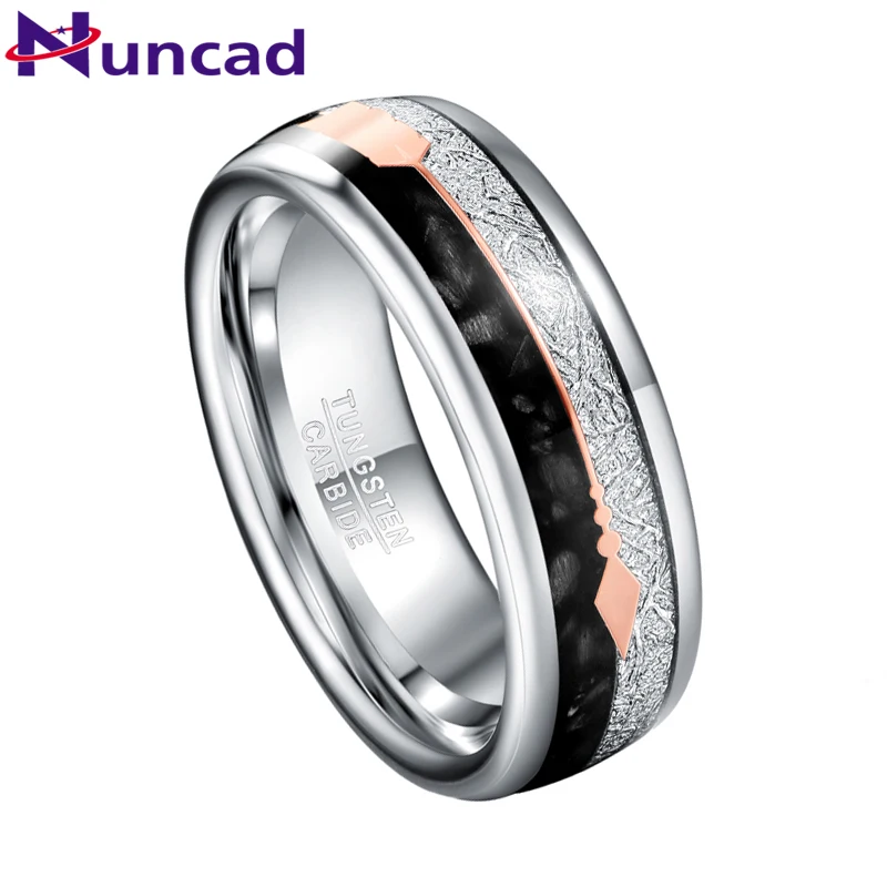 Nuncad 8mm Inlaid Meteorite Black Agate Steel Color Tungsten Carbide Steel Ring Men's Engagement Jewelry