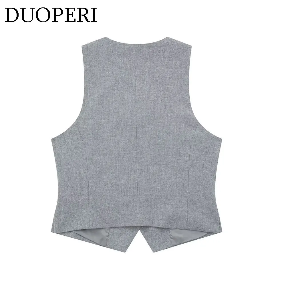 DUOPERI Women Fashion Grey 2 Pieces Sets Vest and High Waist Shorts Female Chic Lady Waistcoat and Shorts Coordinates