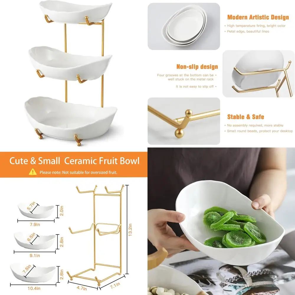 

3-Tier Ceramic Fruit Basket with Metal Stand for Kitchen Countertop, Ideal for Fruits, Snacks, and Nuts