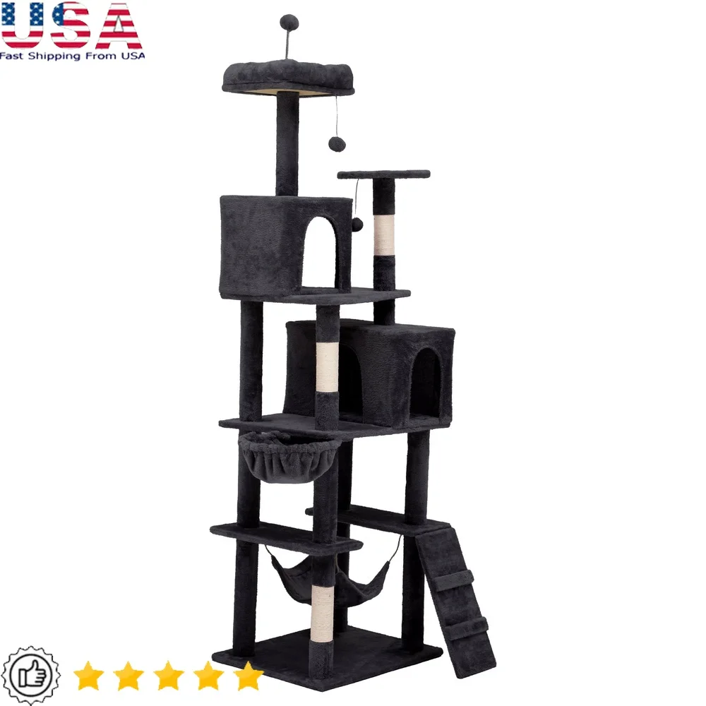 

75 Inch Multi-Level Cat Tree with Scratching Posts Caves Hammock Plush Fabric Interactive Play Easy Assembly