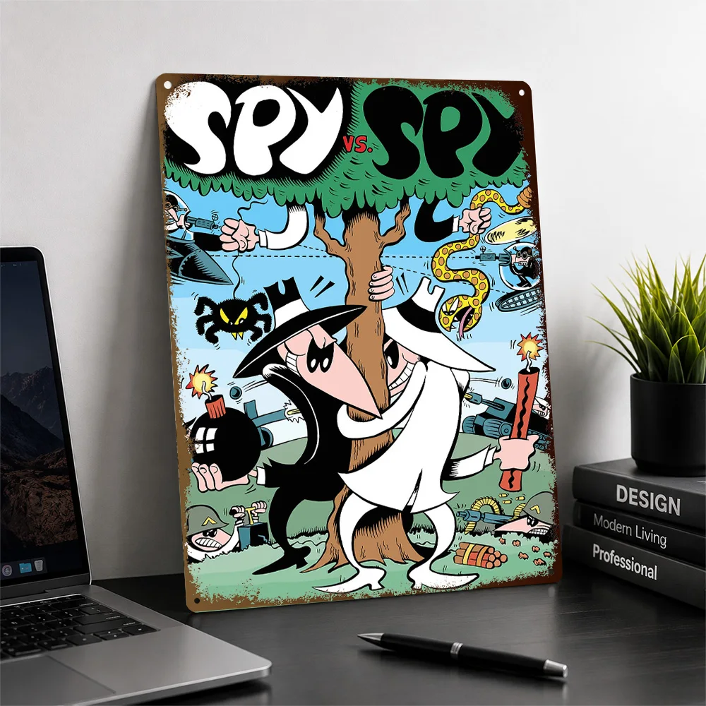 Spy Versus Rival Comic Illustration Textured Poster Customized Metal Tin Sign Striking Panel Story Icon Wall Art Fits Bedrooms