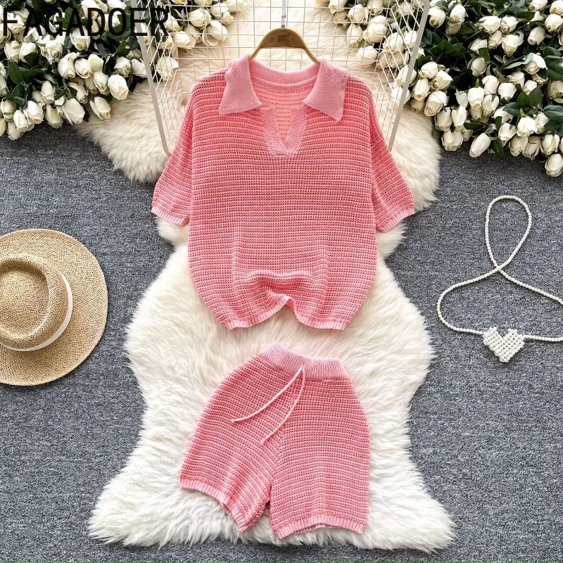 FAGADOER Y2k Sweet Fashion Knit 2 Piece Sets Woman Outfit Hollow Out Short Sleeve Crop Top and Shorts Outfit Female Streetwear