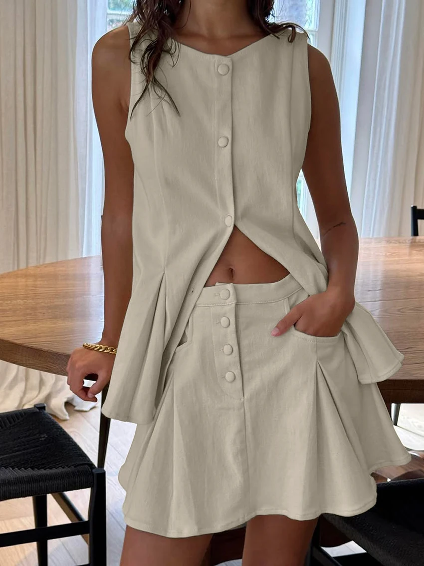 Marthaqiqi Cotton Women Nightwear Suit O-Neck Sleepwear Tank Top Pajamas Sleeveless Nightgowns Skirts Casual Ladies Nightie Set