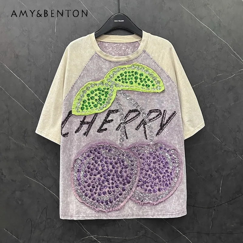 

Sweet Design Sense Color Matching Sequined Fruit Short-sleeved T-shirt Women's Loose Casual Versatile Crew Neck Half-sleeved Top