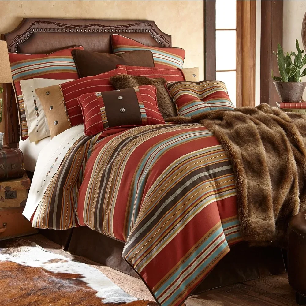 Bedding 5 Piece Super King Comforter Set, Striped Southwestern Bed Set, Rustic Comforter Set with Bed Skirt