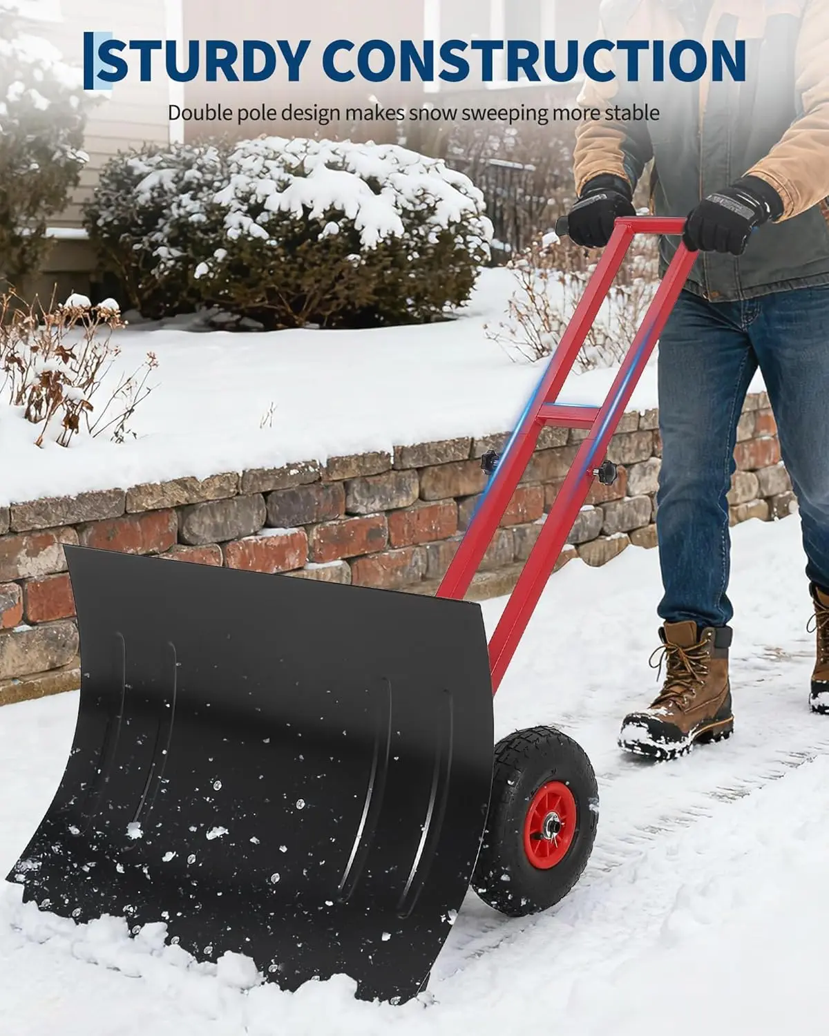 Heavy Duty Snow Shovel with Wheels, Steel Dual Handle Push Snow Pusher Shovel, 5-Position Angle & Height Adjustable Handle