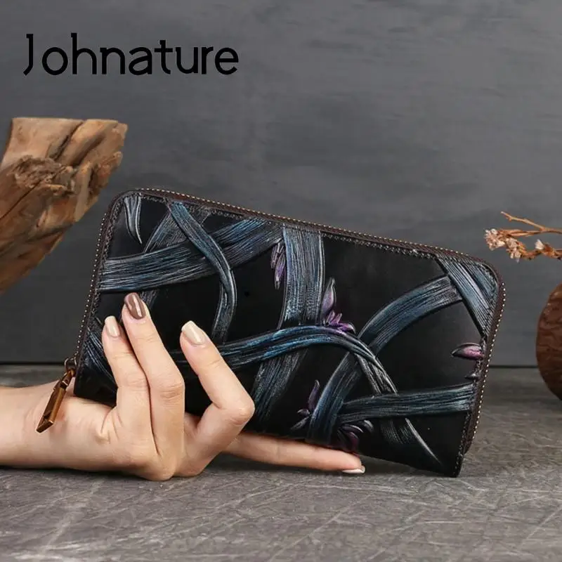 Johnature 2024 New Vintage Handmade Embossed Genuine Leather Wallet Card Holder Women Hand Wallets Cowhide Long Purse