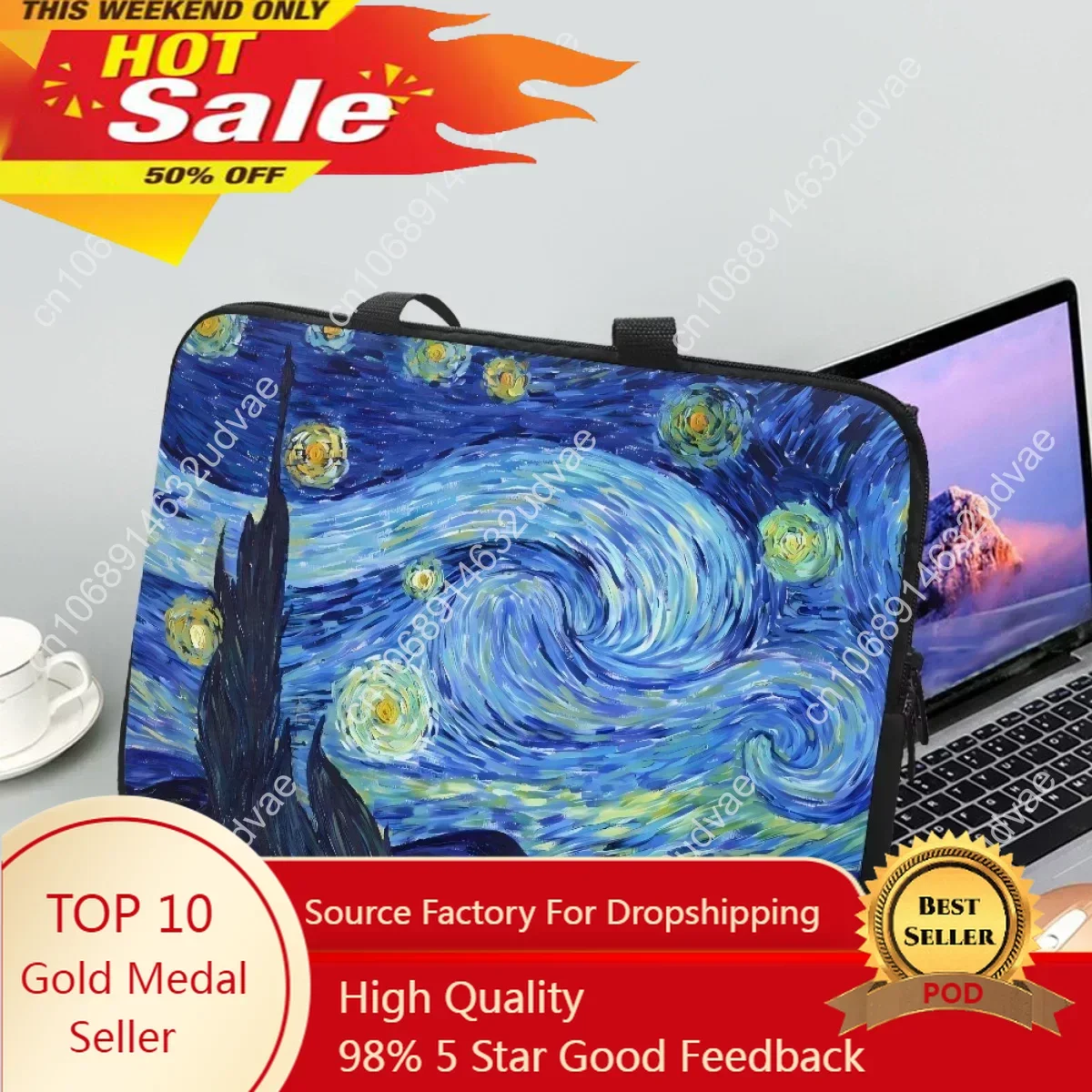 Van Gogh Starry Night Oil Painting Designer Tablet Bag Retro Zipper Ladies Portable Notebook Protective Cover Laptop Bag Gift