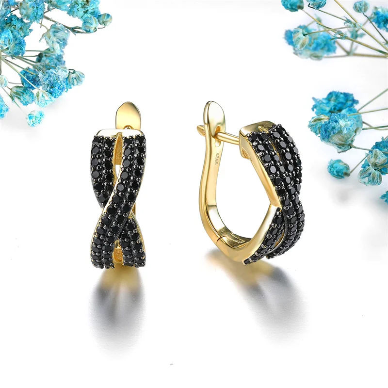 

Natural Black Spinel Solid Silver S925 Clip Earring Yellow Gold Plated Women Classic Style Jewelry Birthday Christmas Gifts
