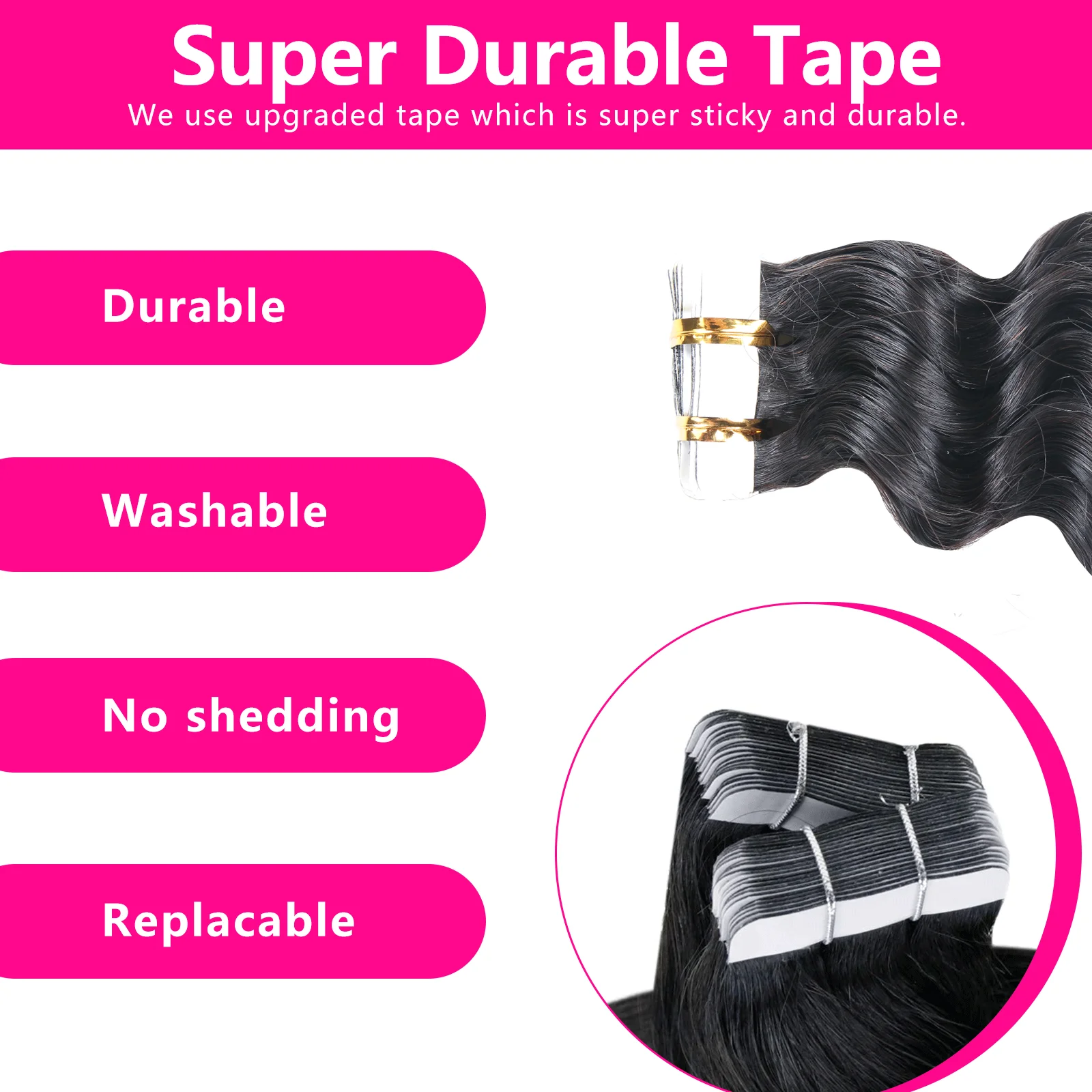 Deep Wave Tape In Human Hair Extensions For Women 100% Virgin Hair Adhesive Invisible Natural Black #1B16-30 inches 20pcs/pack