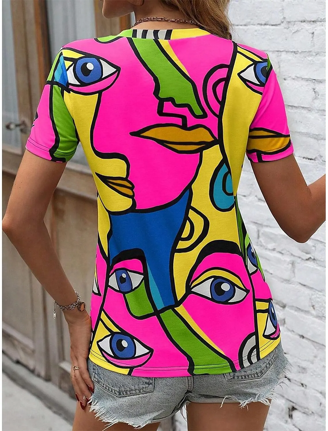 Summer Fashion Women's T Shirt Stylish Casual Abstract Print Short Sleeve Crew Neck Tees Round Neck Regular Tops