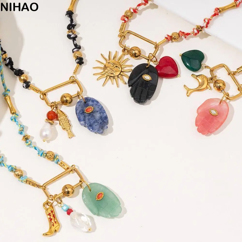 

Temperament Bohemian Titanium Steel Necklace Colorful Crystal Green Jewelry Jade Natural Stone Beads Pendant Necklace Gift