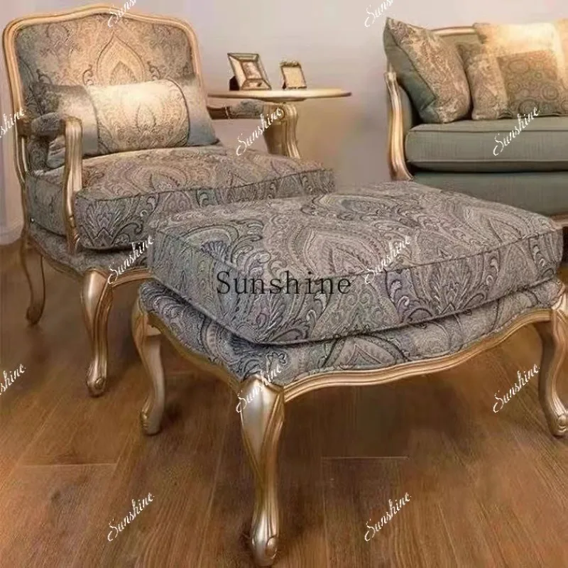 

American light luxury solid wood fabric sofa chair carved single pedal combination single FT