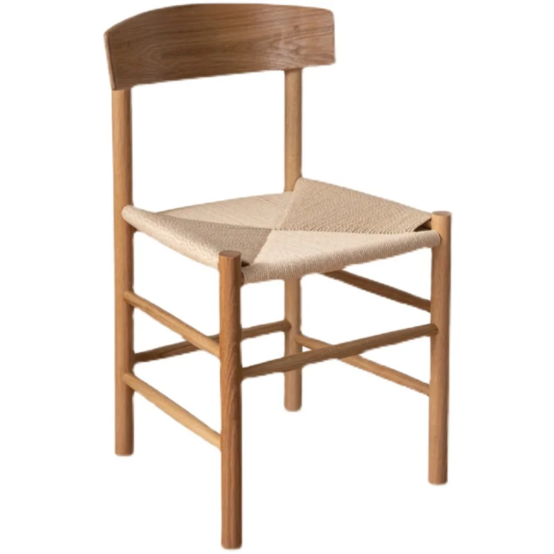 

Nordic solid wood dining chair Japanese braided rope rattan log color white