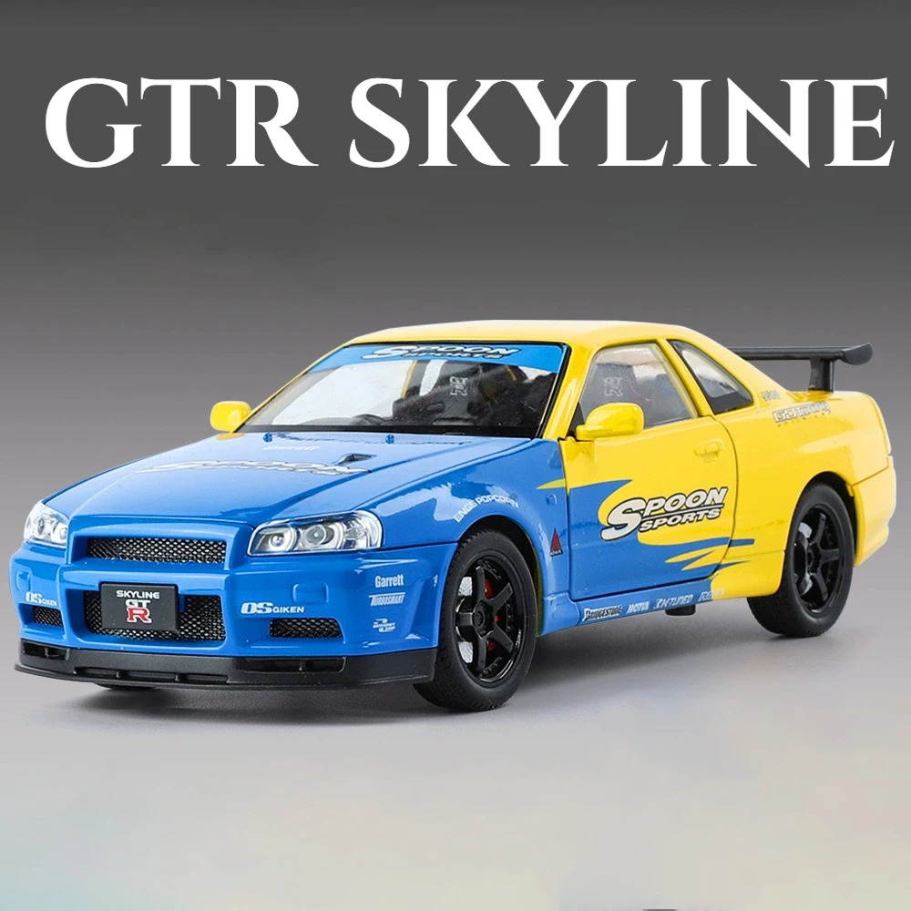 1:24 GTR SKYLINE R34 Automodel Speelgoed Licht Geluid Trek Deuren Geopend Miniatuur Straatwagen Modellen Collectie Cadeaus voor Kinderen