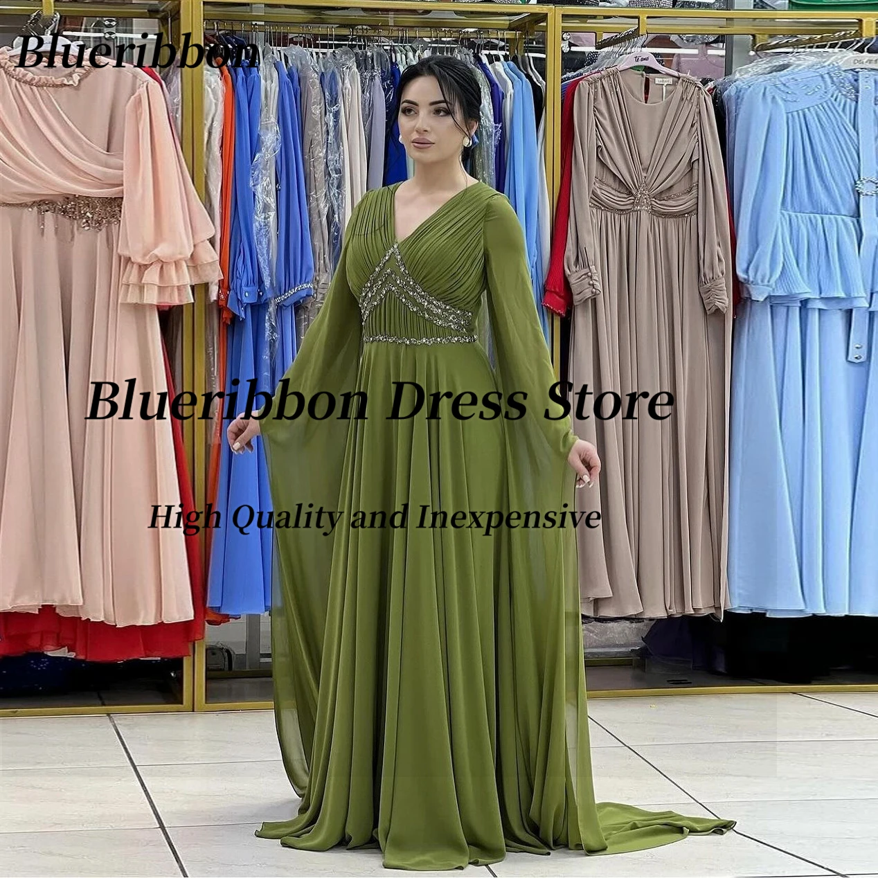 

Blueribbon Robes De Soirée V Neck Bead Prom Dresses Long Sleeves Evening Gowns Zipper Back Ruched Vestidos De Noches Customized