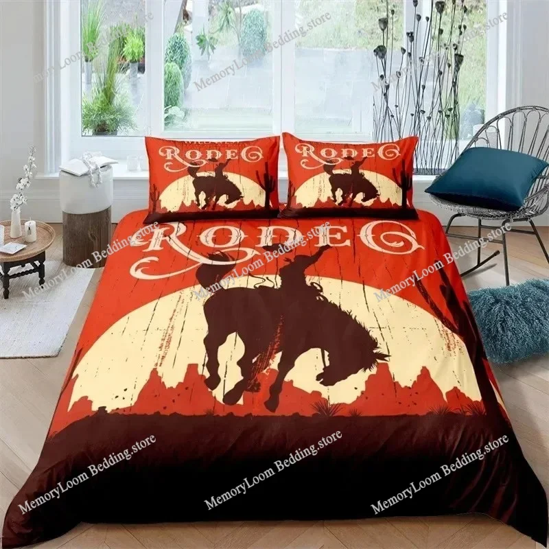 

Western Cowboy Duvet Cover Set Rodeo Riding Bull Horse Bedding Set Full for Boys Teen Microfiber Farmhouse Style Quilt Cover