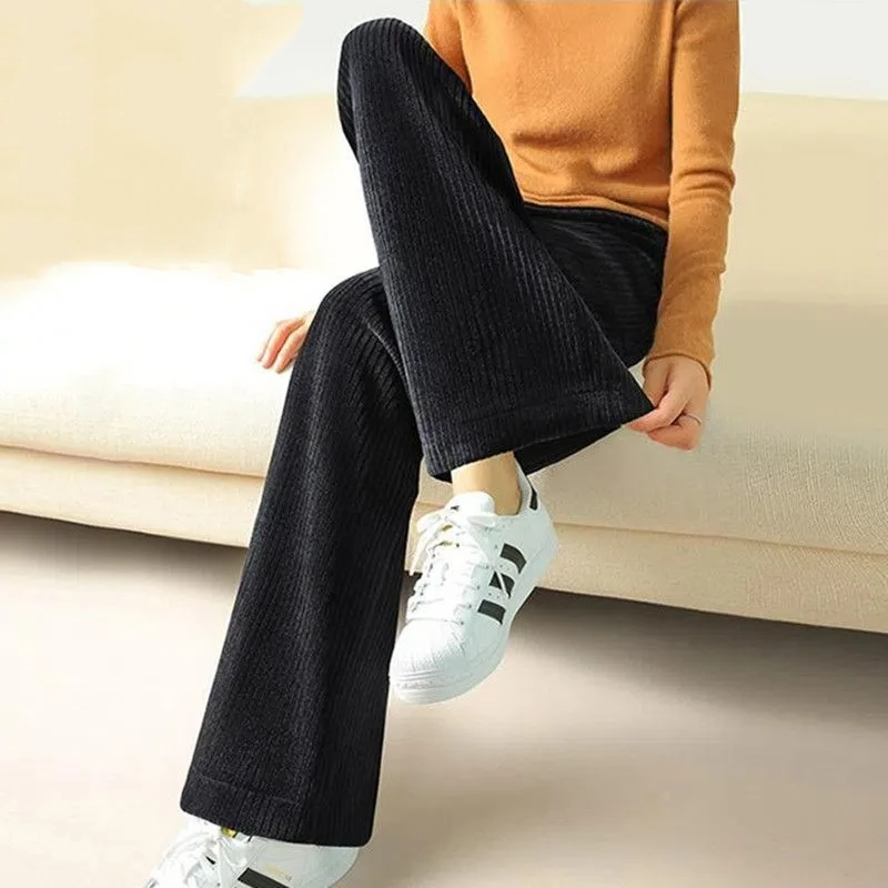 Simplicity Autumn Winter Corduroy Pants Women Solid Pockets Elastic High Waist Fashion Straight Wide Leg Ankle Length Trousers