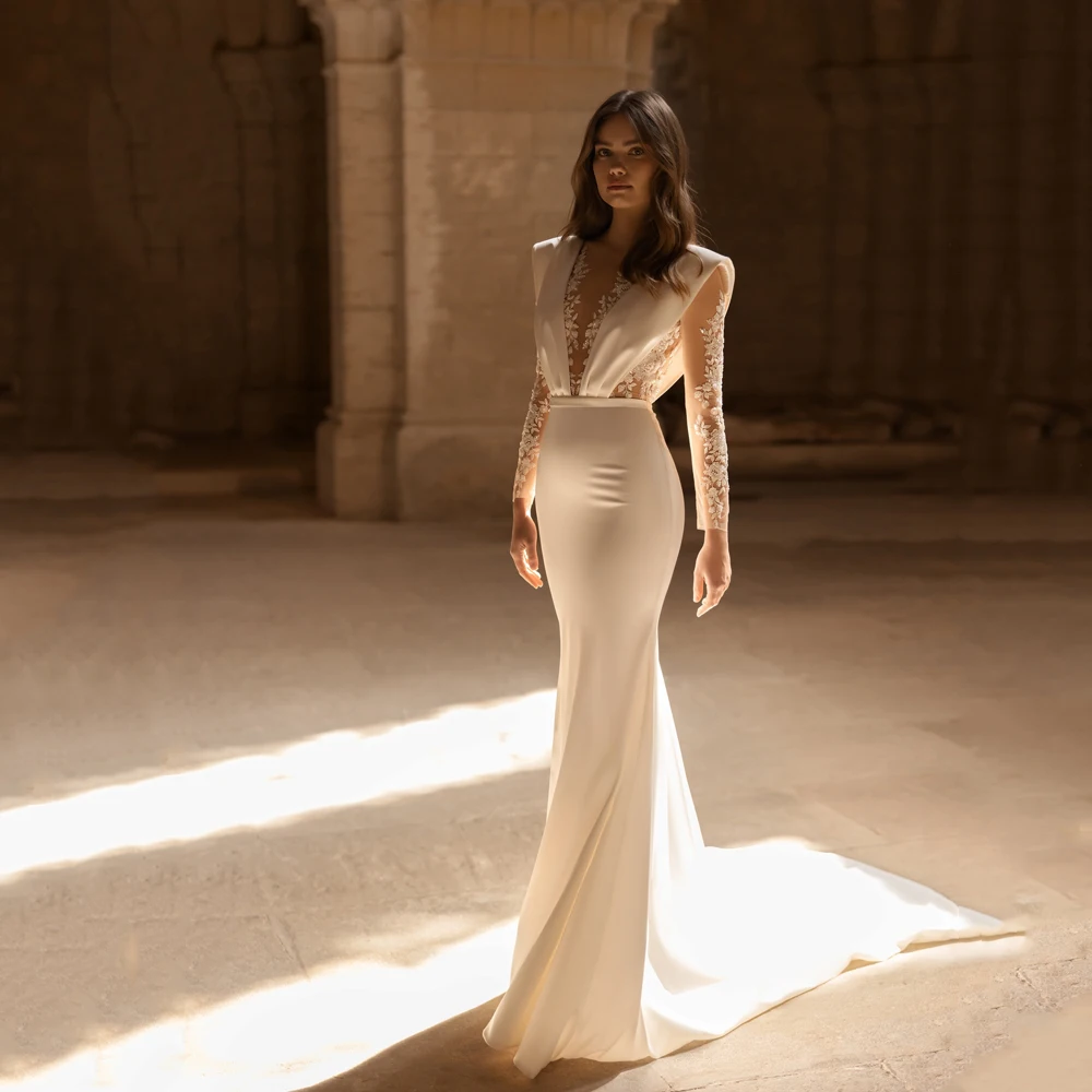 

Mermaid Wedding Dress Long Sleeve Scoop Neck Satin Luxury Vestido De Noiva Sereia Beading Illusion Back Robe Mariage Customized