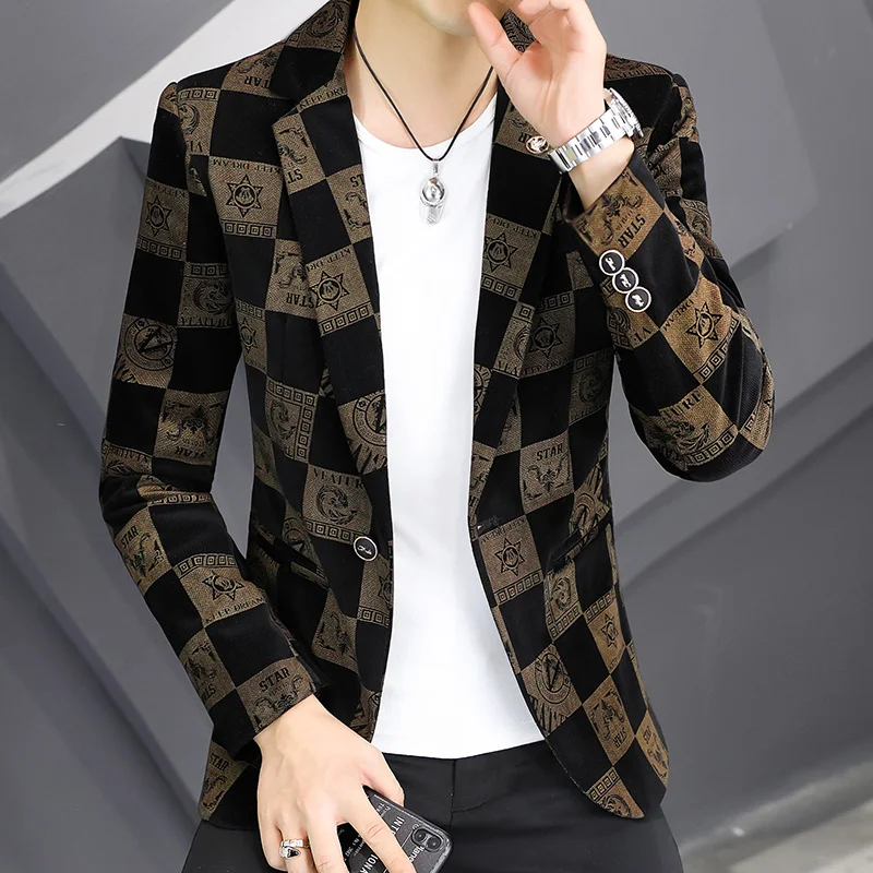 Spring New Men Casual Blazer British Style Business Slim Fit Plaid Suit Coat Long Sleeve Male Formal Single Buckle Suit Jacket