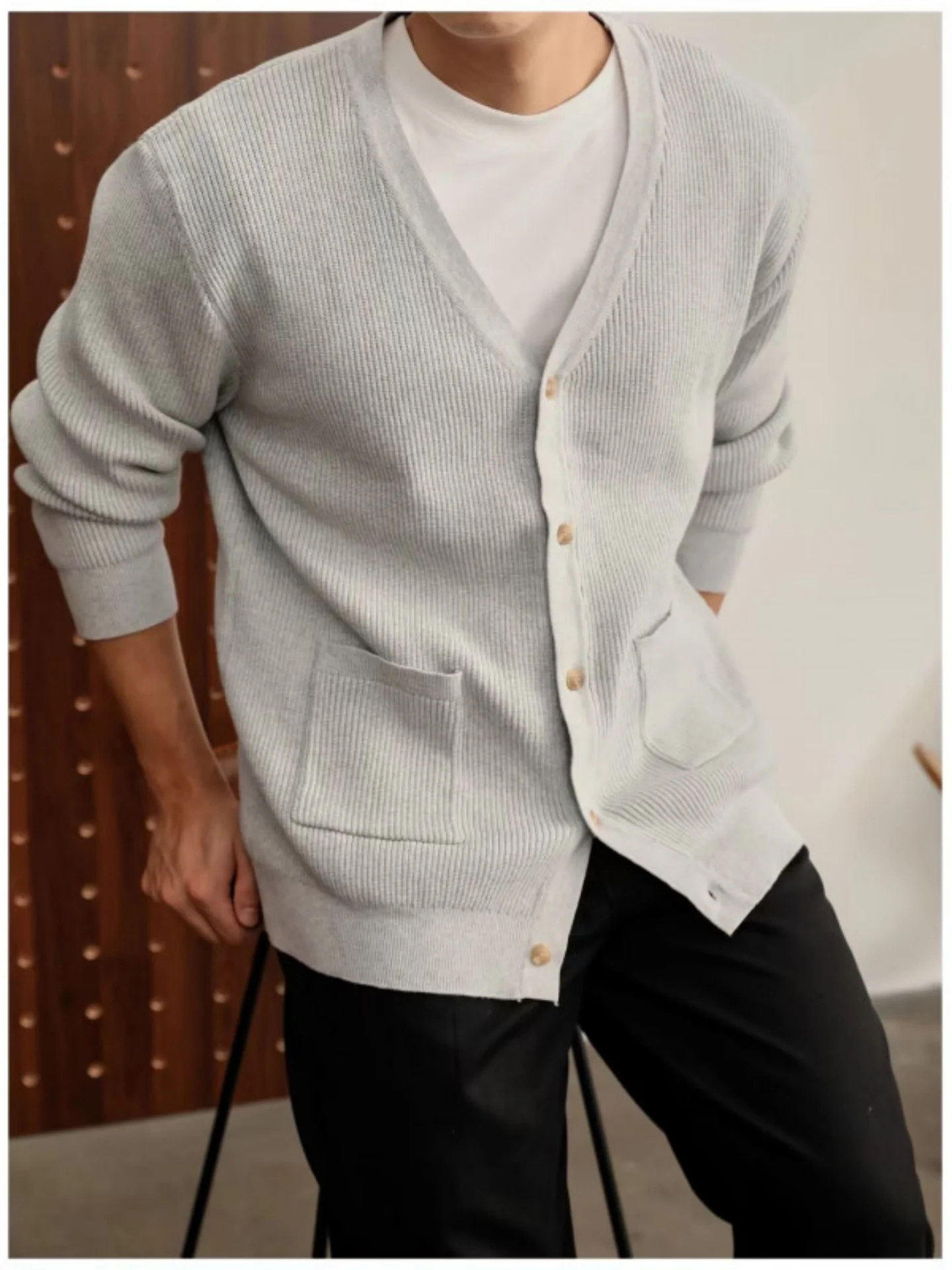 

Loose Fit V-Ne Knitted Cardigan Men's Casual Sle Long Sve Jaet Soft Comfortable Cotton Polyester Blend Autumn Wear