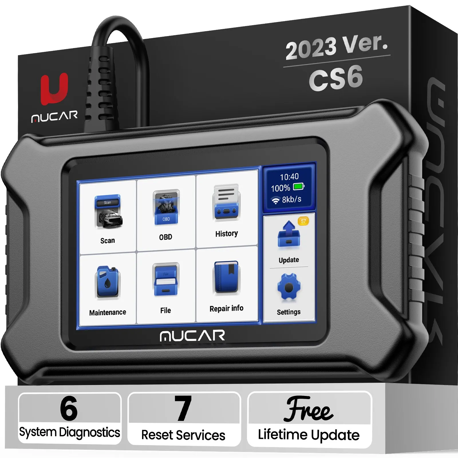 MUCAR CS6 자동차 진단 스캐너 – ABS, SRS, TCM, ECM, TPMS 6개 시스템 코드 판독 및 오일, 브레이크 7회 리셋, 평생 무료 업데이트 제공