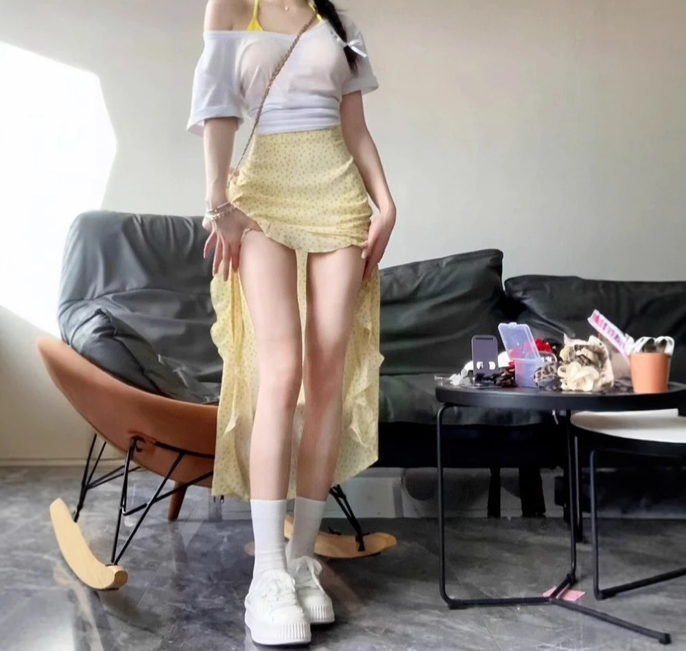 2023 heißer Sommer Gelb Floral Unregelmäßigen Schlitz Temperament Langen Rock für Frauen