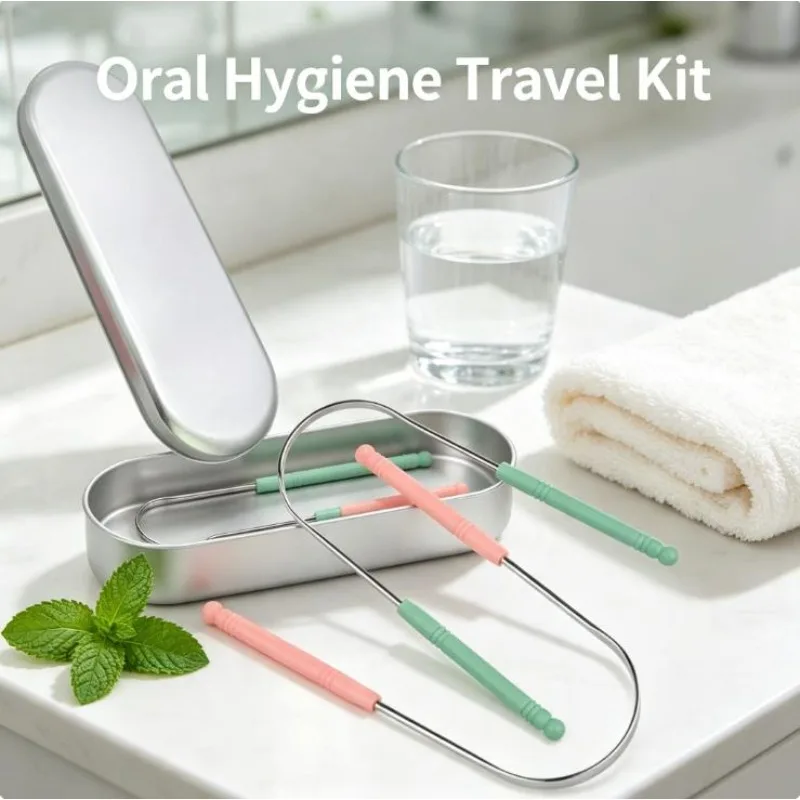 Dental Care Cleaning Tool Stainless Steel Tongue Scraper with Box Tongue Coated Cleaner Brush Keep Fresh Breath Oral Hygiene