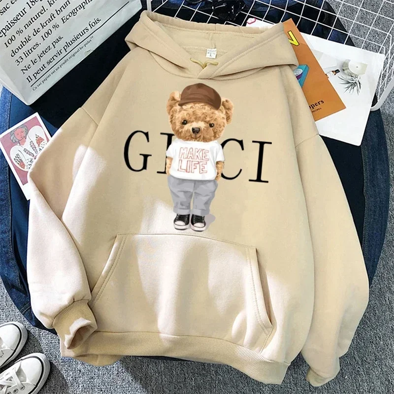 Hoodies Luxury Brand Bear Funny Women\'s Y2k Casual Print Sweatshirt Autumn Winter Lazy Style Loose Khaki Hoodie Fashion Clothing