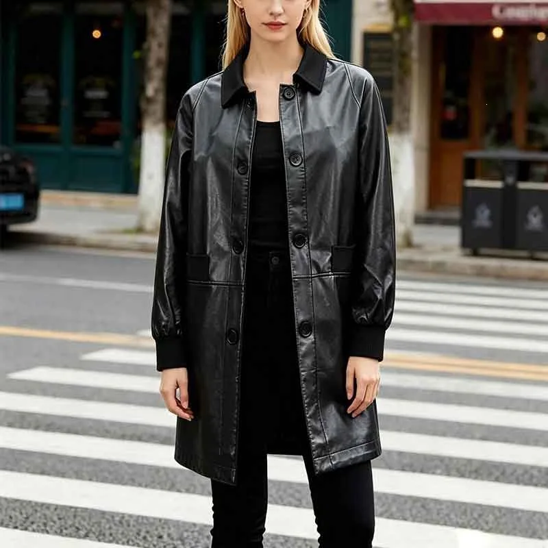 Casual Trendy Fashion Leather Jacket Women's Coat Medium Length Windbreaker Korean Version Slim Fit Cross-Border Autumn 2026