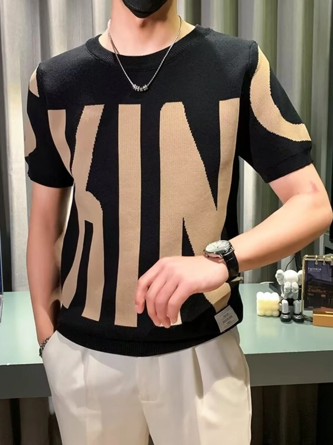 

Мужской вязаный свитер с круглым вырезом, приталенный, повседневный, с коротким рукавом, базовый, в корейском стиле, удобный, дышащий