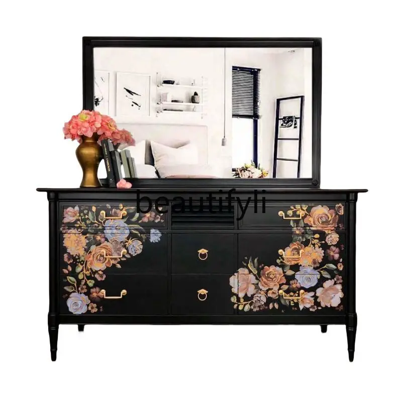 French Retro Solid Wood Hand-painted Dressing Table Chest of Drawers Entryway Cabinet American Entryway Storage Cabinet