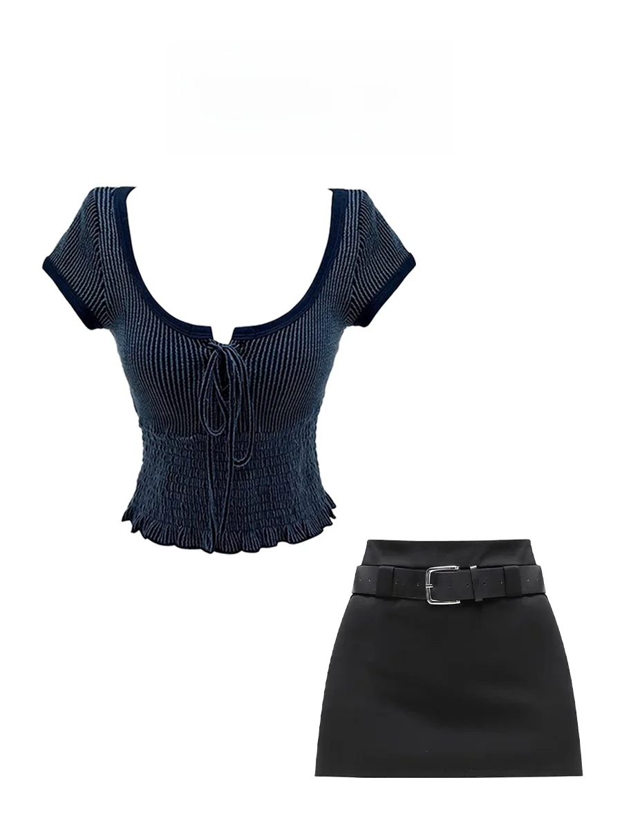 

Parkyeon High Waist Knitted Short Skirt Slim Fit Top And Bottoms Set Fashionable Sleeveless round Neck Two Piece Women's Suit