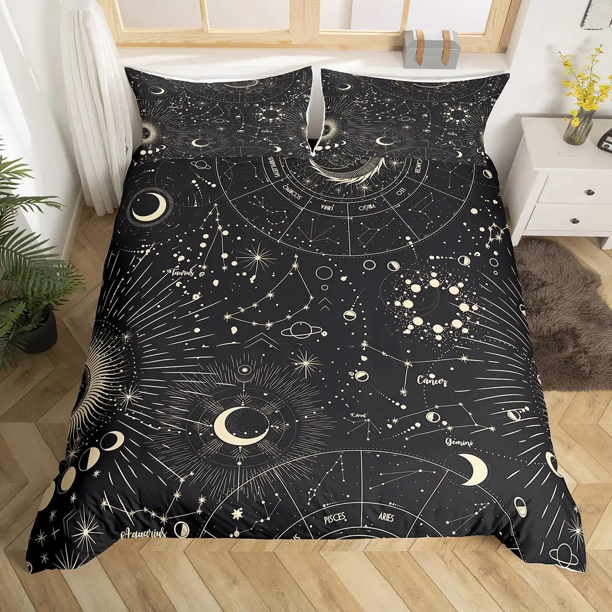 Sparkling Stars Bedding Set Galaxy Duvet Cover,Constellation Astrology Zodiac Nebula Comforter Cover Pink Horoscopes Quilt Cover