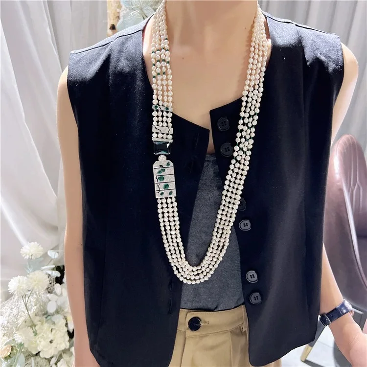 

Jewelry Natural Pearl 32''-35'' 4 Strands Natural White baroque Pearl With CZ Connector Necklace For Women