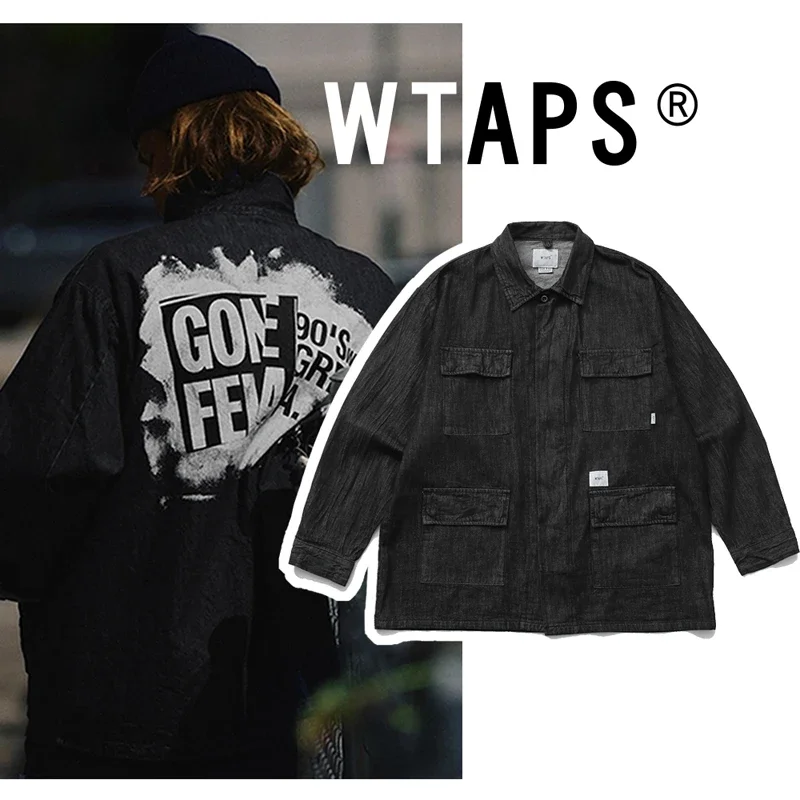 Back Graffiti Printing Black Wtaps Denim Jackets Japan Men Women Classic Multi Pockets Vintage Washed Shirts Jackets Collar Tag