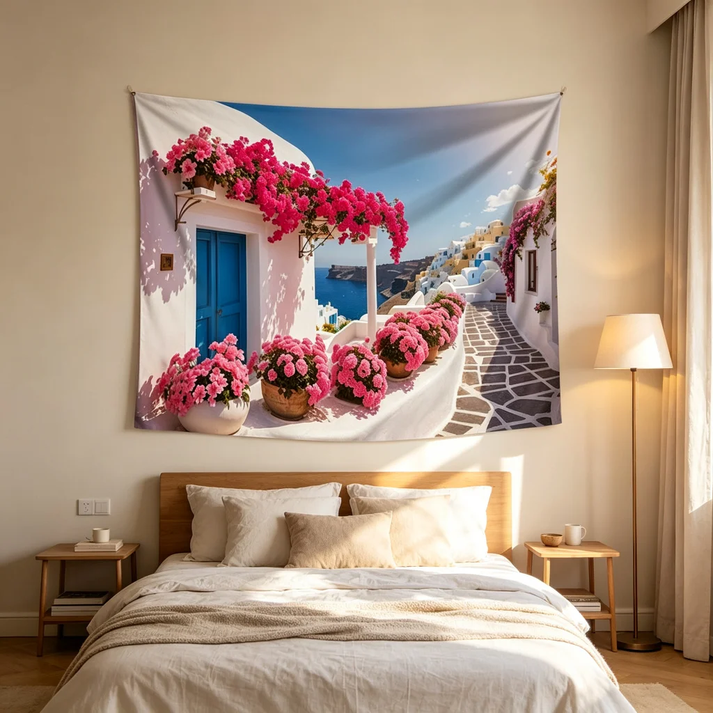 1PC Greek Town Print Backdrop Banner, Bedroom Living Room Photo Background, Polyester Wall Hanging, Home Decor, Wall Art