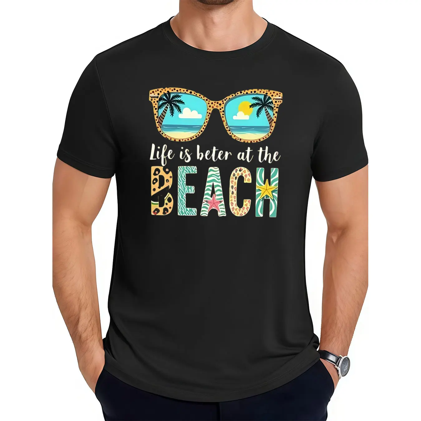 

Men's 100% Cotton Soft Round Neck Tee With Beach Sunglasses Graphic Print, Machine Washable, Comfortable For Outdoor Activities,
