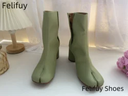 Green Autumn Ankle Boots Chunky Heel Split Toe Shoes Button Design Loafer Blue Shoes Real Leather Women Mary Janes Tabis
