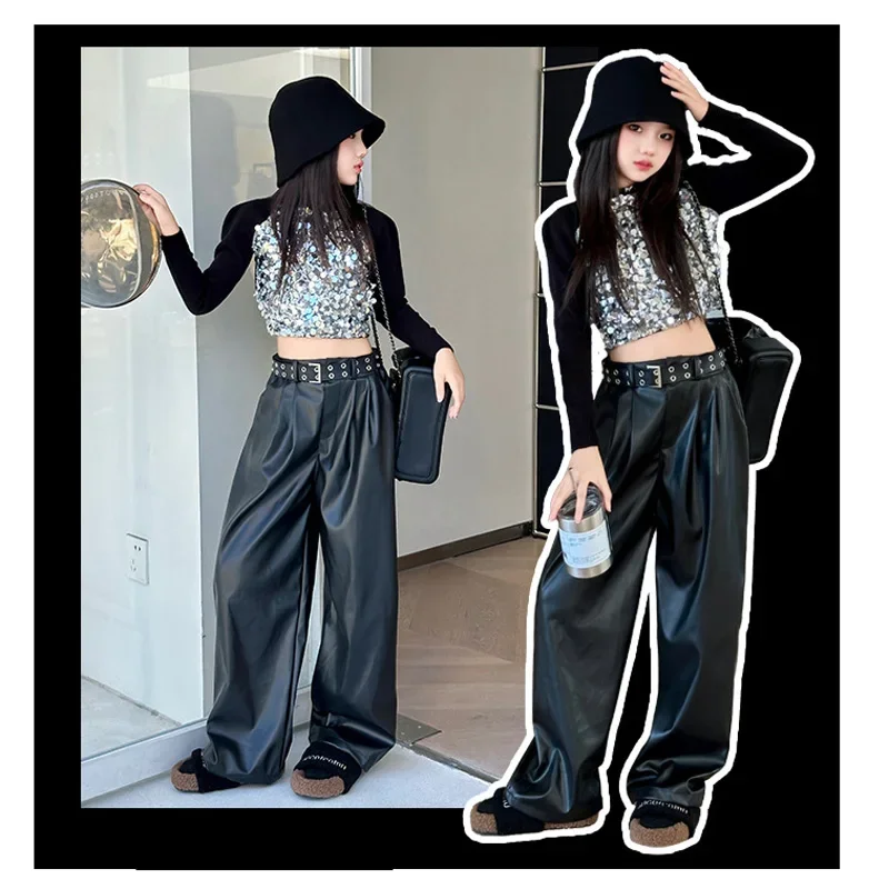 Mädchen Hip Hop K-pop Pailletten Crop Top Glänzende PU Leder Hosen Street Dance Kostüm Kinder Streetwear Kinder Jazz Bühne kleidung Set