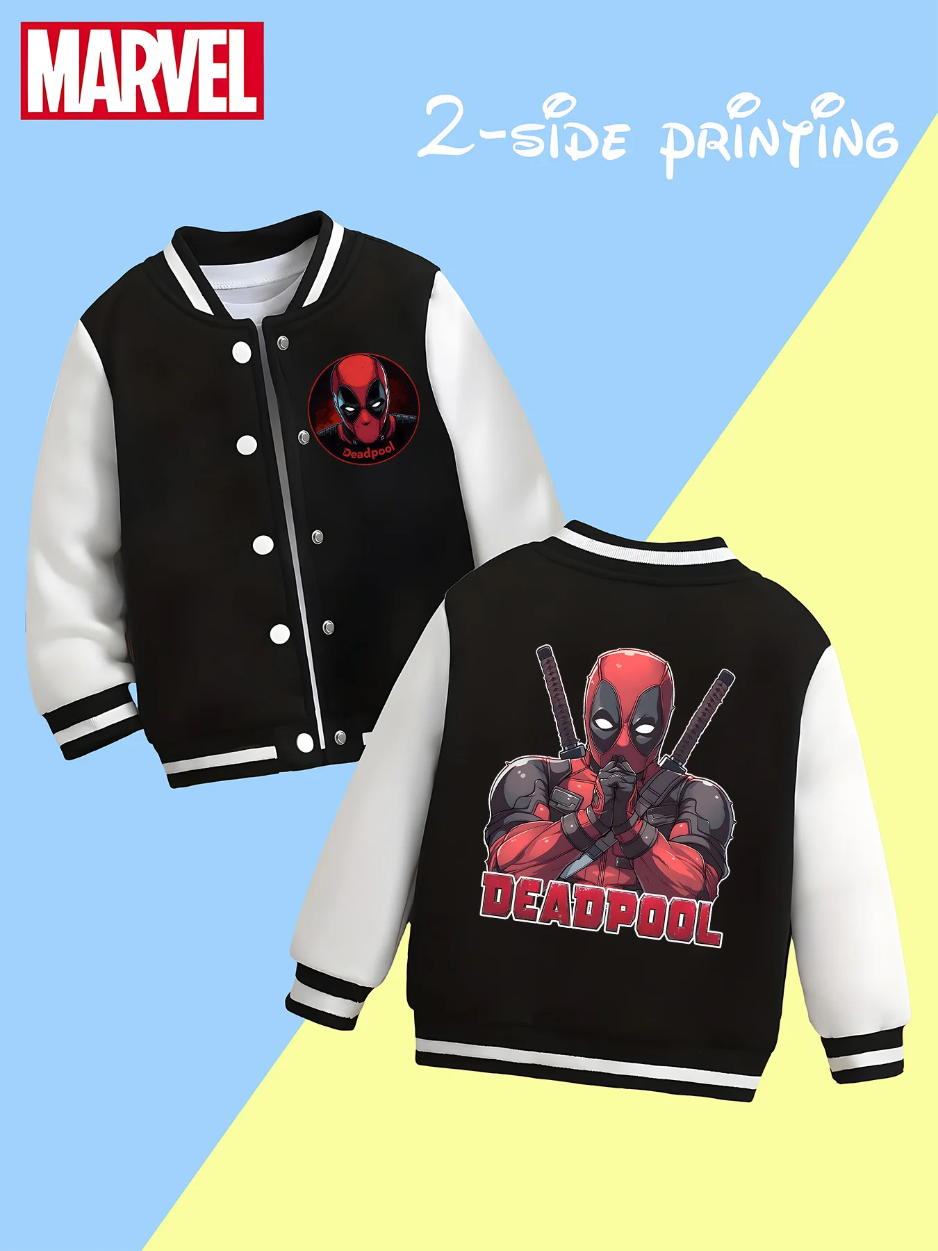 

MINISO Marvel Boys Baseball Jacket - Deadpool Dual Blades, classic black and white, soft fabric, warm and comfortable, skin-frie