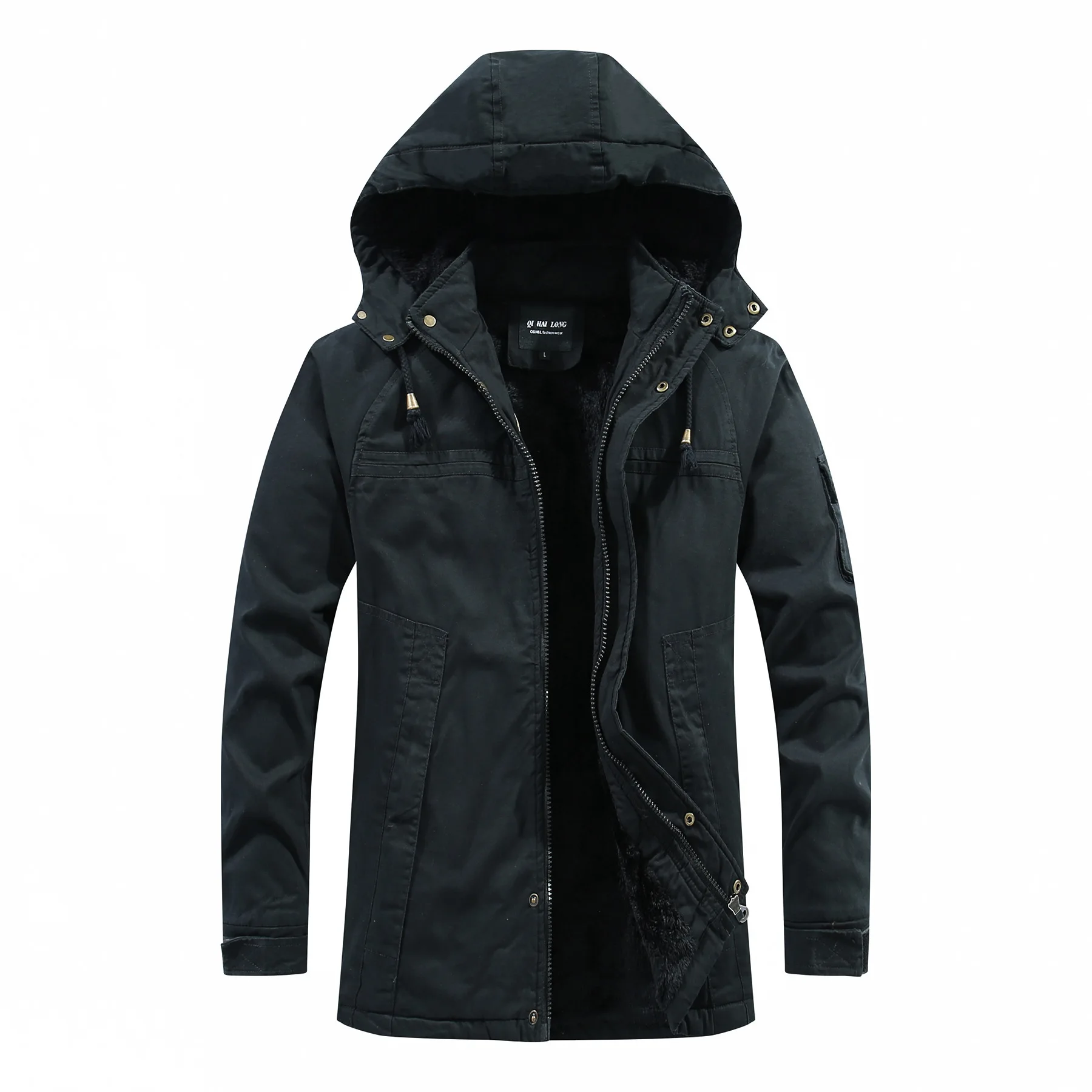 Men's thickened cotton-padded jacket with fleece, men's coat, winter hooded men's cotton-padded jacket, mid-length jacket