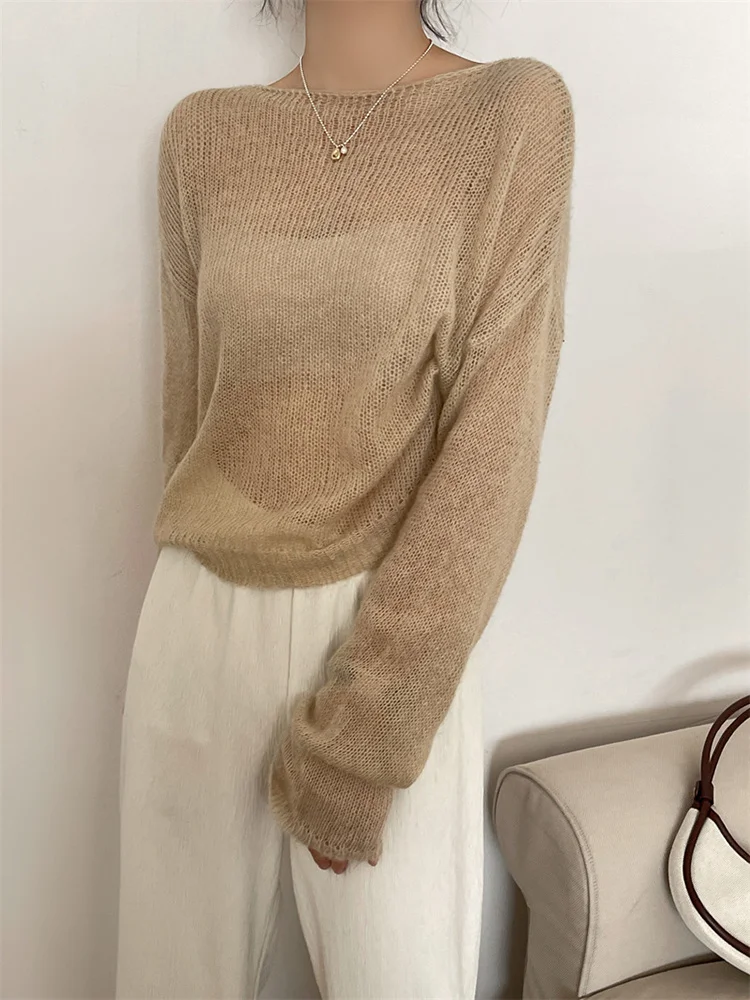 

Thin Knitted Sweater Women Long Sleeves Solid Color Transparent Pullover Female Fashion Top 2022 Autumn Winter M853