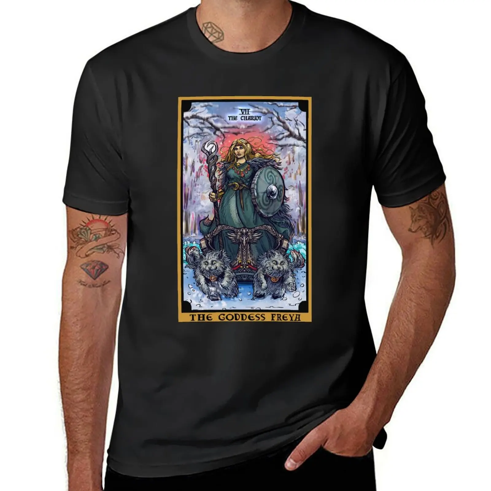 

The Goddess Freya The Chariot Tarot Card T-Shirt customizeds Short sleeve tee oversized anime clothes mens funny t shirts