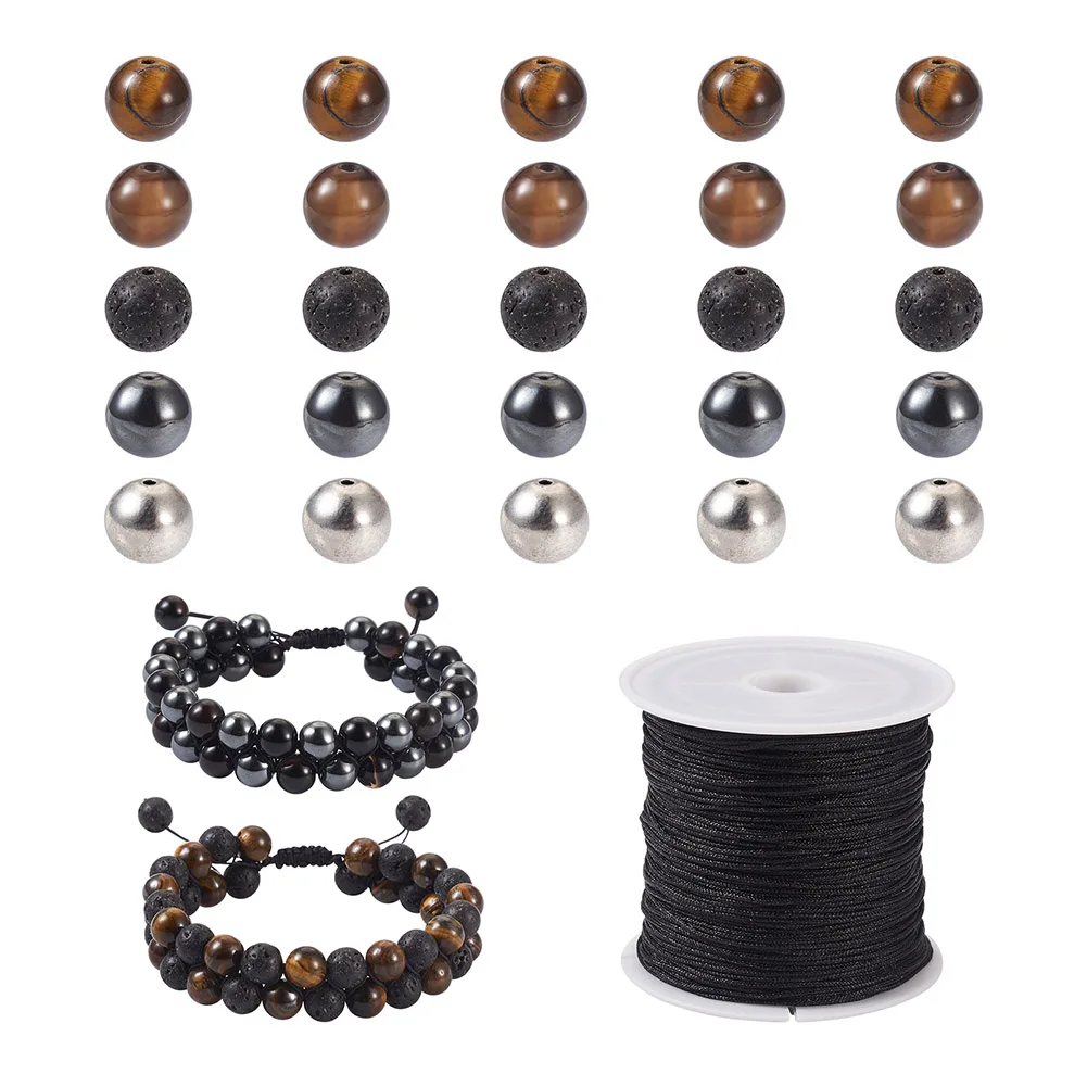 1 Set Black Natural Lava Rock Tiger Eye Onyx Beads Hematite Beads Nylon Thread Cord for Men Stone Bracelet DIY Jewelry Making