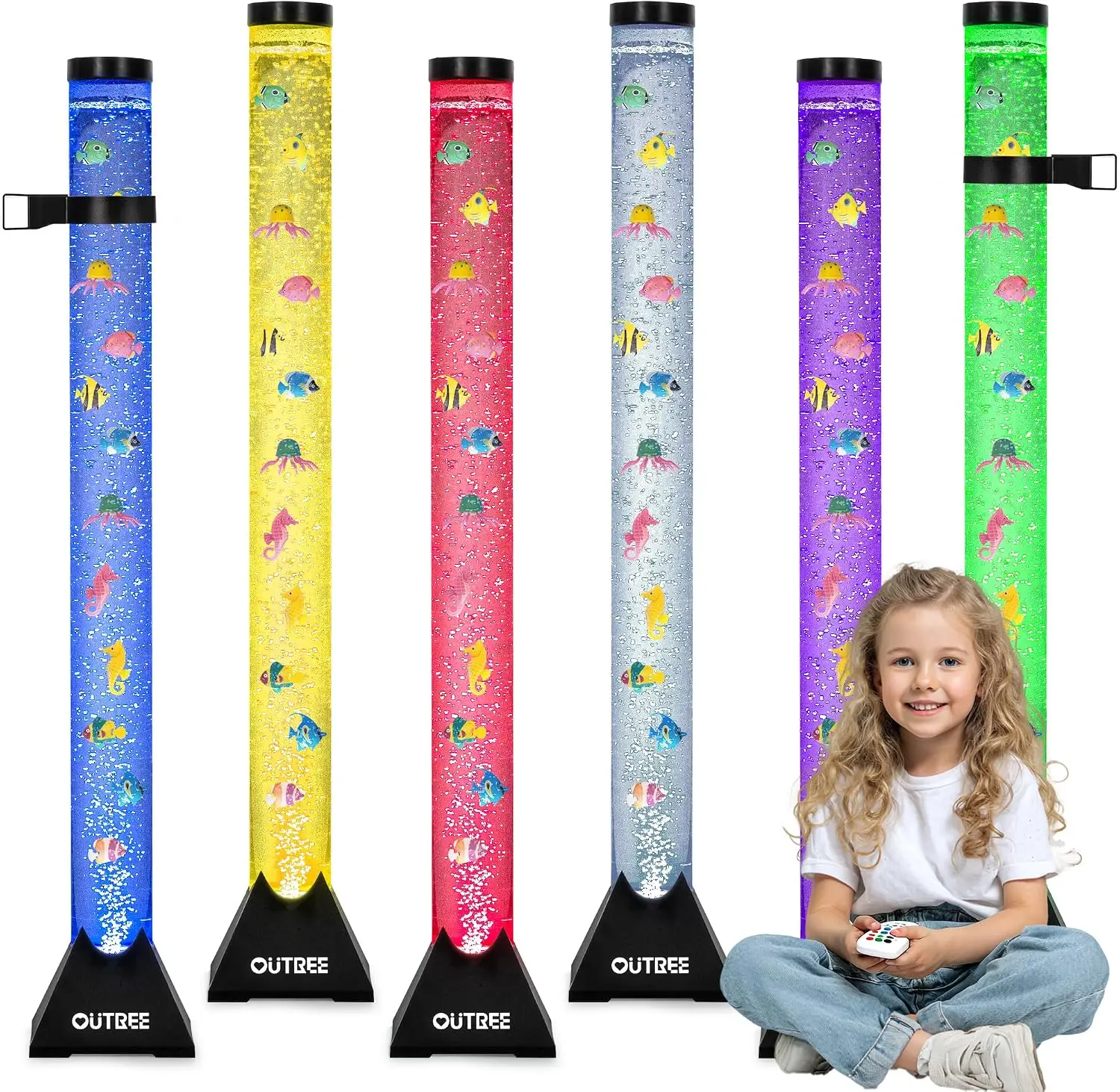 4FT Sensory Tube Lamp, Aquarium Bubble Fish Lamp with Remote Control, 20 Color Changing Effects, 12 Fish Accessories, Bubble