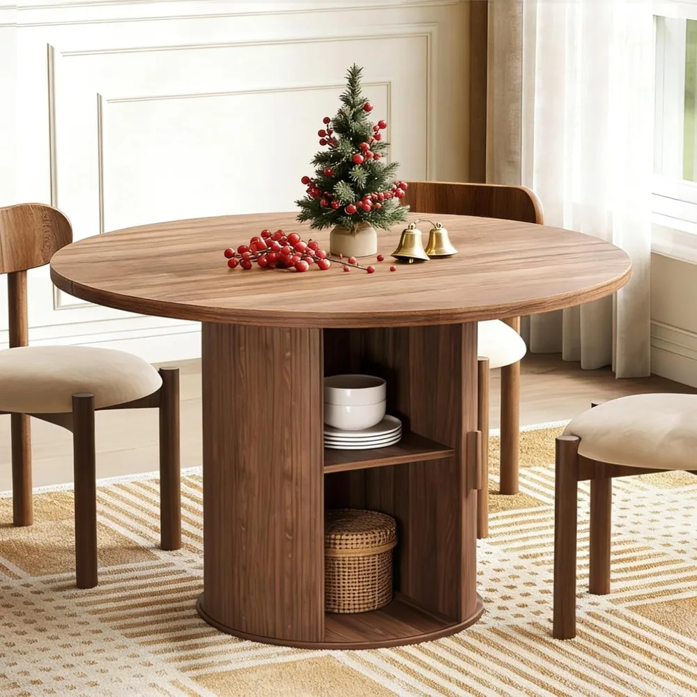 

47-inch Round Dining Table with Storage, Modern Fluted Design Side Shelf for Dining Room,Customized